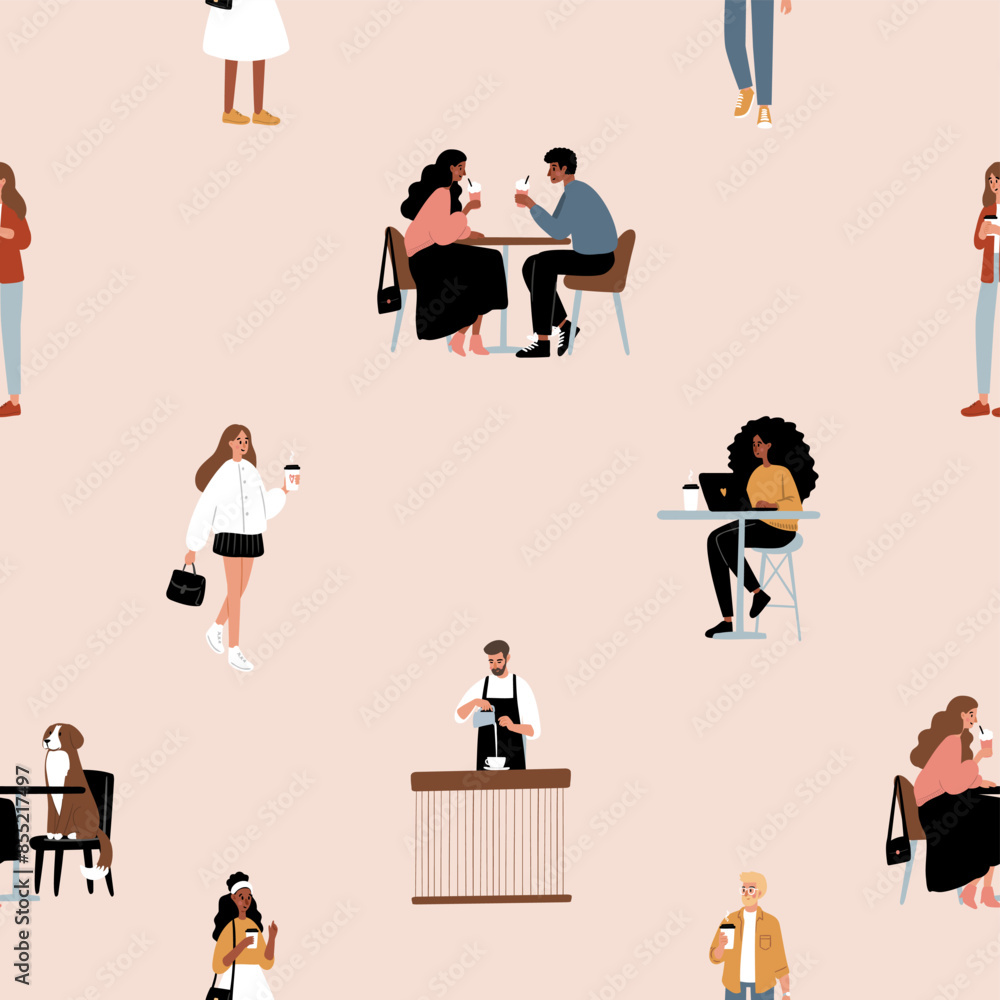 Obraz premium Cozy Dog Friendly Coffee Shop Seamless Patterns. Background with pups, cafe patrons, baristas, drinks. People chat, relax, and work in stylish decor beanery digital paper. Flat vector illustration.