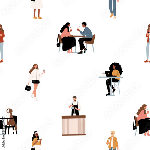 Cozy Dog Friendly Coffee Shop Seamless Patterns. Background with pups, cafe patrons, baristas, drinks. People chat, relax, and work in stylish decor beanery digital paper. Flat vector illustration.