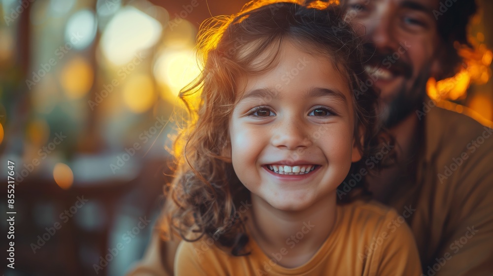 Smiling young girl dad daughter curly hair golden sunset outdoors happiness joy Smiling young girl dad daughter curly hair golden sunset outdoors happiness joy