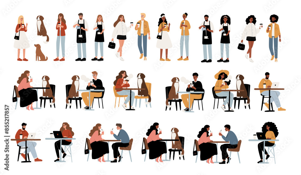 Fototapeta premium Dog Friendly Coffee Shop Set Clipart. People enjoying coffee, working, relaxing in the cafe with their furry friends flat vector illustration. Baristas preparing drinks in beanery.