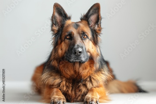 German shepherd lying down on light background, perfect for showcasing dog breeds or pet care themes.