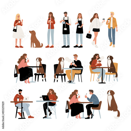 Dog Friendly Coffee Shop Set Clipart. People enjoying coffee, working, relaxing in the cafe with their furry friends flat vector illustration. Baristas preparing drinks in beanery.
