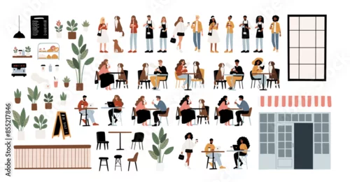 Obraz Dog Friendly Coffee Shop Set Clipart. People enjoying coffee, working, relaxing in the cafe with their furry friends flat vector illustration. Baristas preparing drinks in beanery.