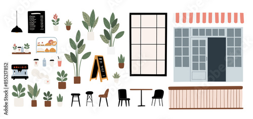 Dog-Friendly Coffee Shop Interiors and Exteriors. .Background images of cafe with cozy seating and tables, lush potted plants. Beanery scenes with facade and patio seating. Flat vector illustration.