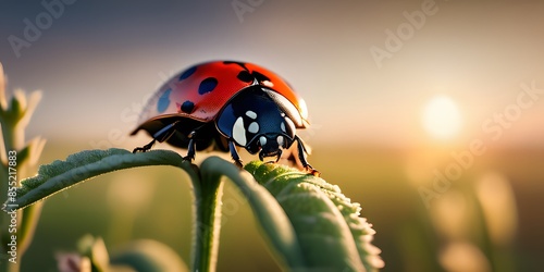 ladybird macroshot with meadow and sunset in background. Extremely detailed and realistic high resolution illustration photo