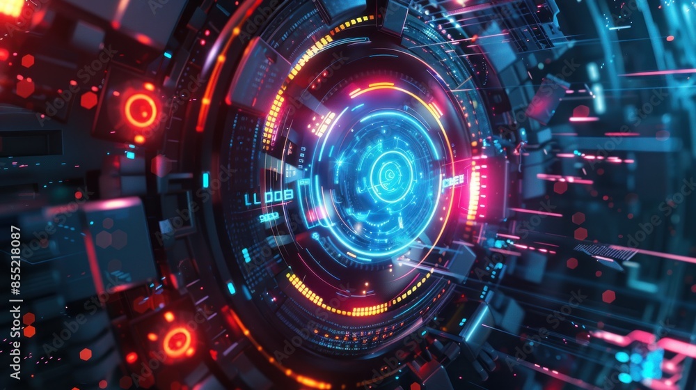 Obraz premium Technology digital circle style HUD interface display time machine neon light Background wallpaper AI generated image