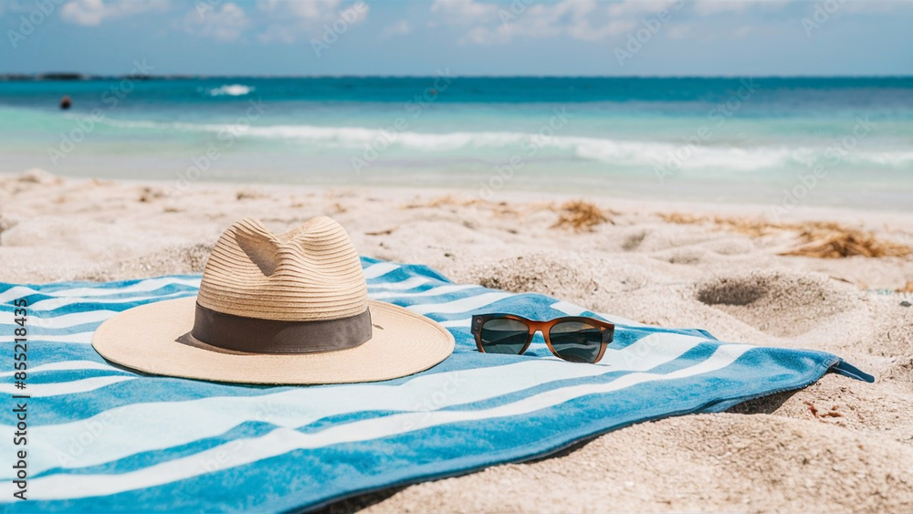 Obraz premium A wide-angle view of a towel laid out on the beach, accompanied by a hat and sunglasses