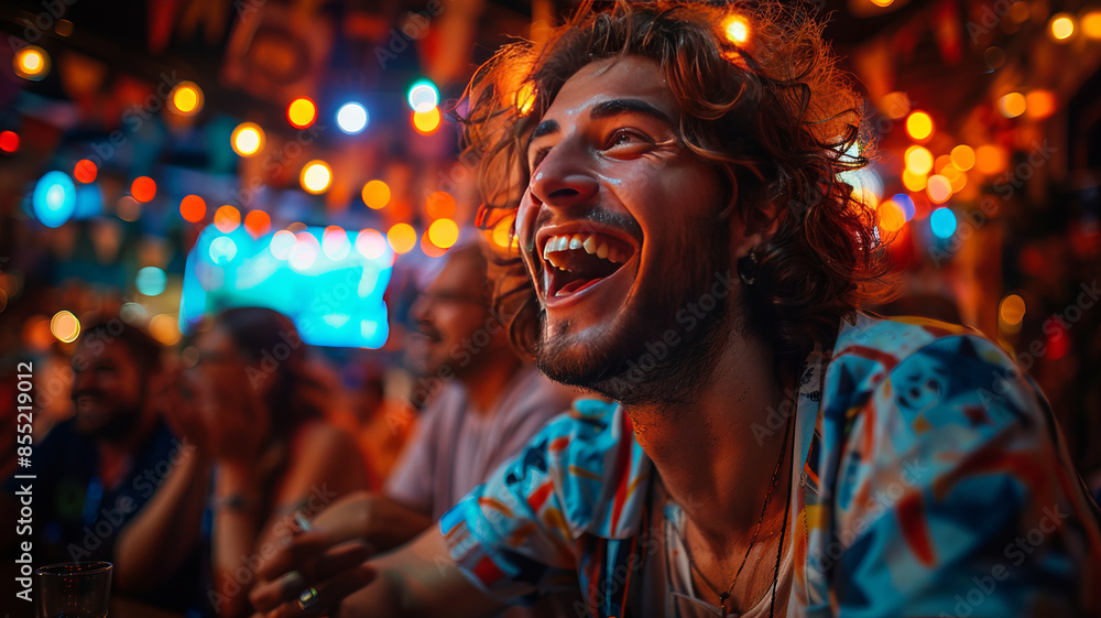 in a bar, a group of soccer womens, fans are sitting at a table in the background, on the TV screen,generative ai in a bar, a group of soccer womens, fans are sitting at a table in the background, on the TV screen,generative ai