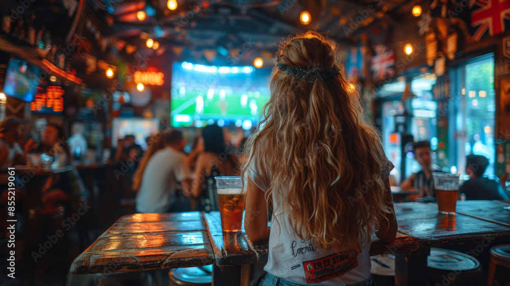 Obraz premium in a bar, a group of soccer womens, fans are sitting at a table in the background, on the TV screen,generative ai