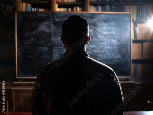 Teacher standing in front ofblackboard in silhouettecopy space.