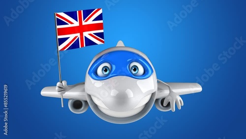 Fun 3D cartoon plane character with a union jack flag photo