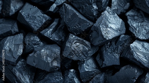 Close-up of black coal rocks, highlighting the rough, detailed texture of natural carbon-rich minerals, dark and rugged surface, intricately captured in high detail