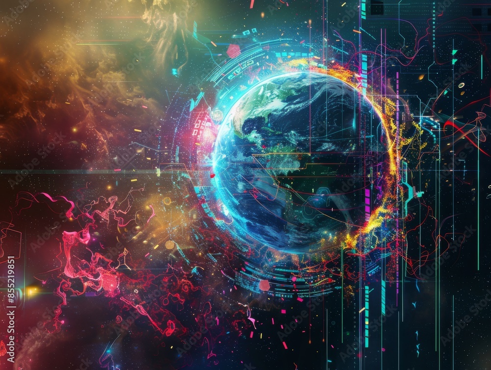 Obraz premium Earth surroundeddynamic data streams and electric energy waves landscape illustration.