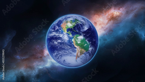 Earth globe on the galaxy background. Space art. Astronomy and science concept. Earth Hour and Earth Day event theme