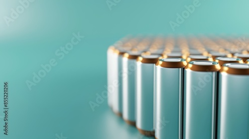 Detailed view of modern cylindrical batteries on a bright blue surface, emphasizing clean energy advancements and efficient power storage technology photo
