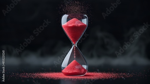 Dramatic hourglass with vivid red sand, countdown in progress, isolated on a dark background, symbolizing the urgency of a ticking deadline