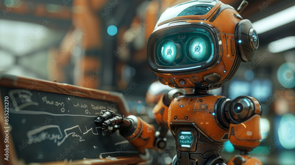 Fototapeta premium In class, a robot teaches math by the blackboard; students learn in warm, orange tones.generative ai
