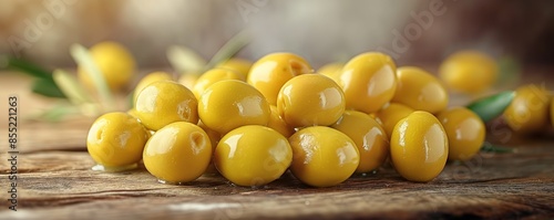 Close-up of shiny yellow olives with water droplets and olive leaves on wood photo