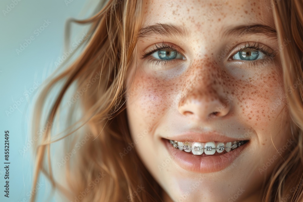 Portrait of a smiling young woman with freckles and braces in close-up. Taking care of dental health Portrait of a smiling young woman with freckles and braces in close-up. Taking care of dental health