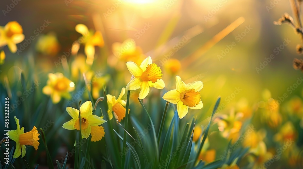 Fototapeta premium Dazzling Yellow Daffodils in the morning sun A beautiful spring scene