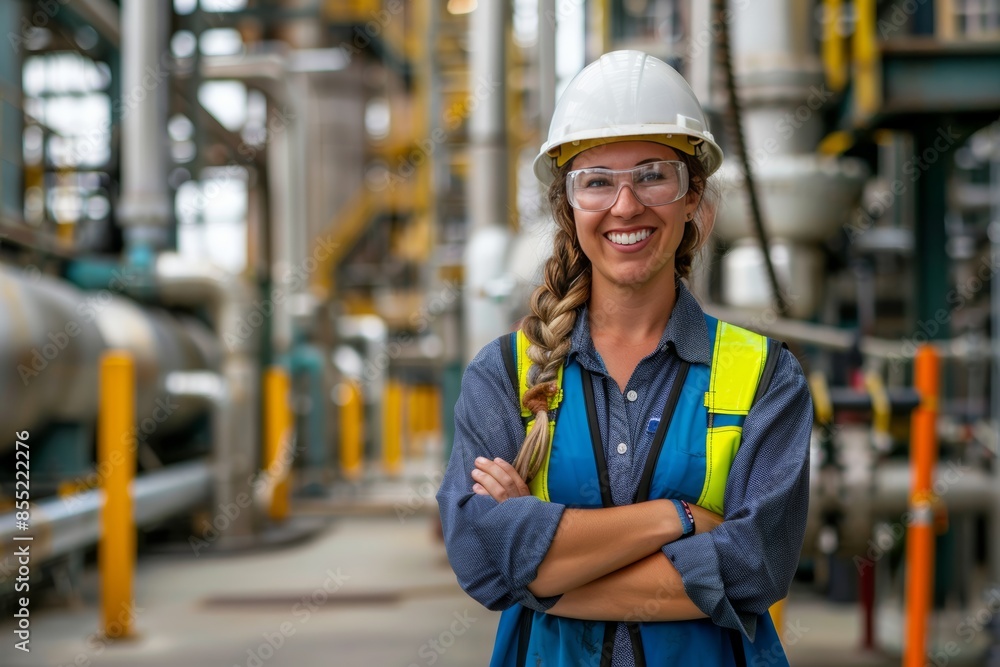 Portrait of a happy female engineer at oil refinery, safety gear on Portrait of a happy female engineer at oil refinery, safety gear on
