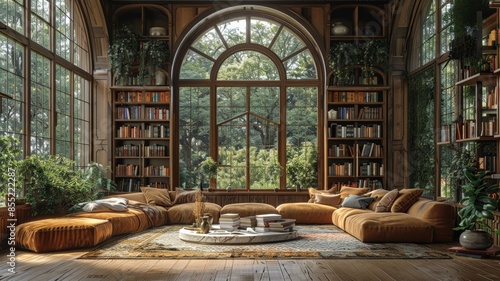 Luxurious spacious reading nook in a serene glass-enclosed room featuring lush greenery, comfortable seating, and an extensive bookshelf library 