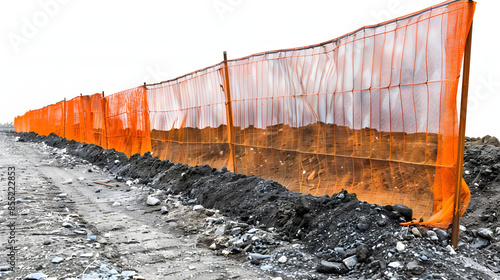 fresh new orange safety fencing being set up next to sidewalk around a construction site of dirt and gravel piles isolated on white background, detailed, png