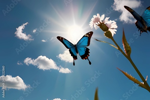 Butterfly Blue Sky Sun Nature. A blue butterfly (Papilio Salmoxis) flying through a sunny sky
 photo