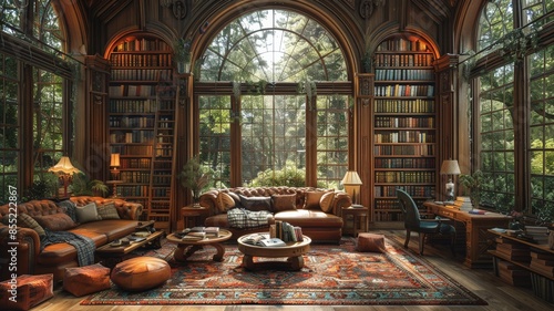 Stunning Interior of a Classic Library with Elegant Wooden Shelves, Cozy Leather Sofas, Lush Greenery Through Grand Arched Windows and Warm Ambient Lightingclassic library