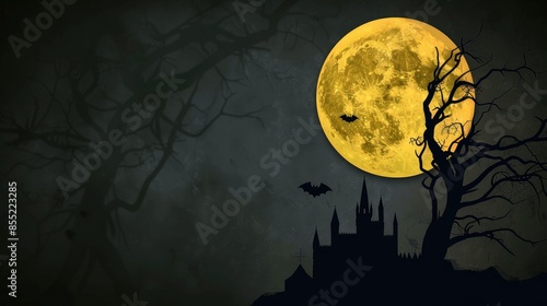 Graveyard cemetery to castle In Spooky scary dark Night full moon and bats on dead tree