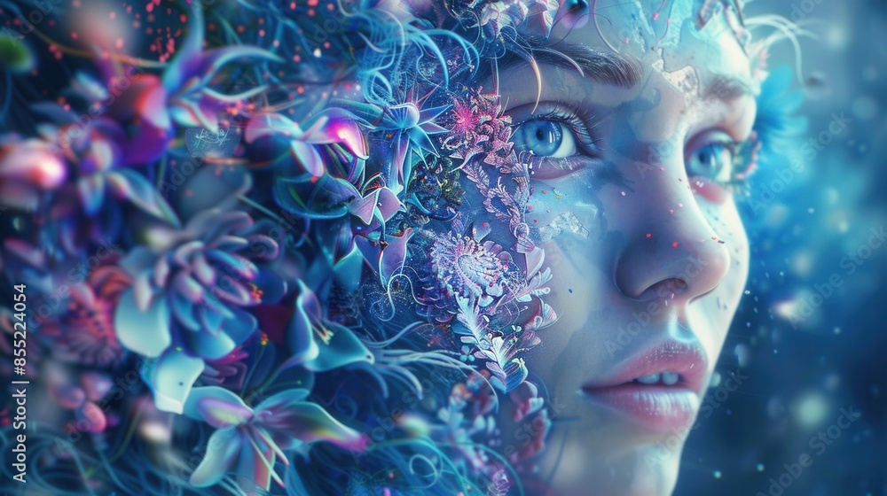 A young woman's face is partially obscured by a vibrant, swirling array of abstract floral motifs, creating a surreal and enchanting portrait. A young woman's face is partially obscured by a vibrant, swirling array of abstract floral motifs, creating a surreal and enchanting portrait.