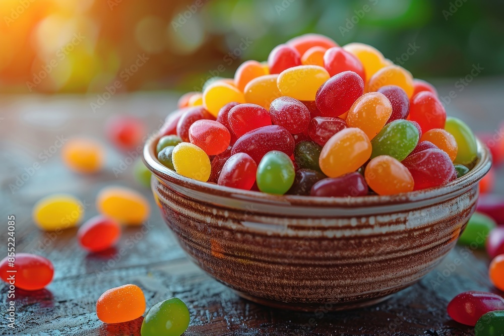 A bowl overflowing with assorted jelly beans in various bright colors, with a soft focus background. A bowl overflowing with assorted jelly beans in various bright colors, with a soft focus background.