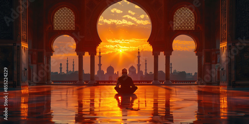 Silhouette of man praying at a mosque at sunset photo