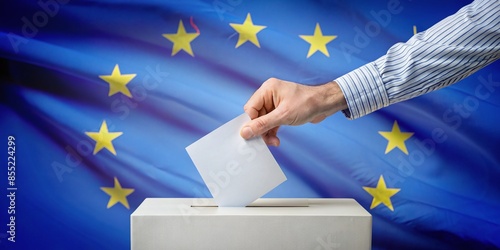 European Union Parliament Election Concept - Hand Casting Vote into Blue Ballot Box