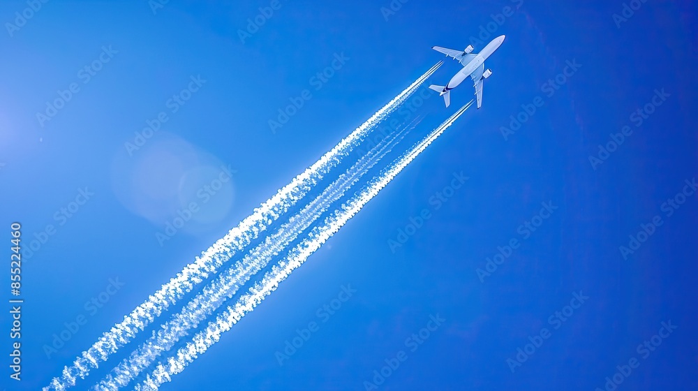 High-flying airplane leaving contrails against a clear blue sky, representing aviation, travel, and freedom in open air space. High-flying airplane leaving contrails against a clear blue sky, representing aviation, travel, and freedom in open air space.