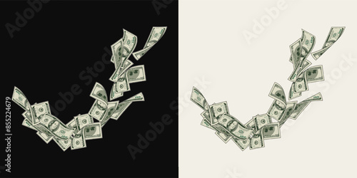 Money dollar composition like wave with flying up100 dollar notes, banknotes, bills. Illustration, design element in vintage style.