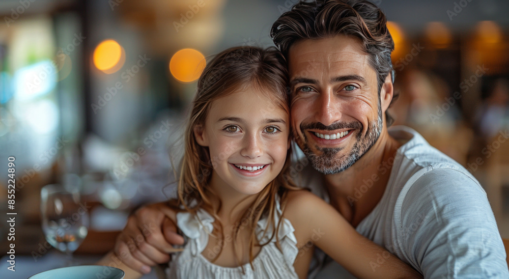 A mother, father and daughter having lunch in a restaurant in a modern mall,generative ai A mother, father and daughter having lunch in a restaurant in a modern mall,generative ai