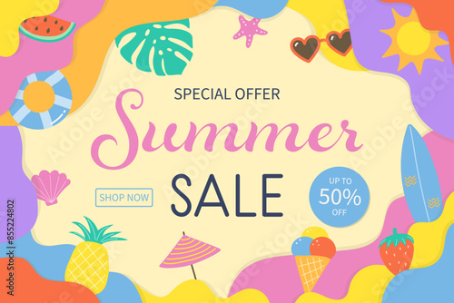Summer Sale background with icons. Holiday design with colourful elements. Vector illustration