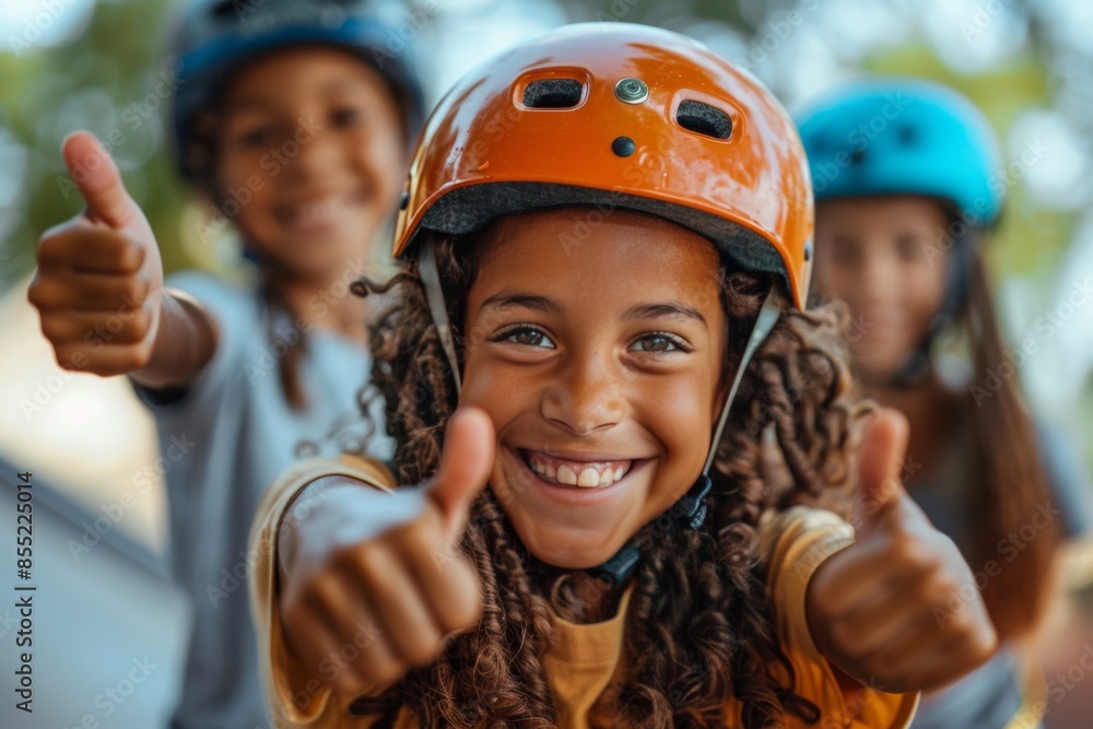 Children with helmets, skatepark fun, sunny day Children with helmets, skatepark fun, sunny day