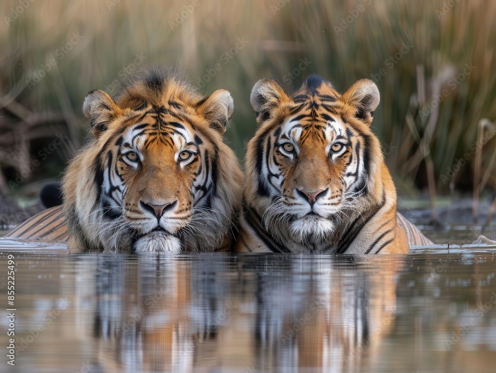 Fototapeta premium Wildlife in Africa with majestic tigers and lions in their natural habitats, showcasing their beauty and power