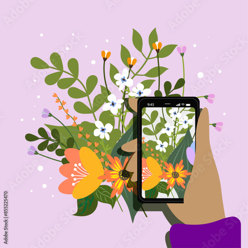 Hand hold phone. Take photo of flowers. Explore nature. Vector illustration.
