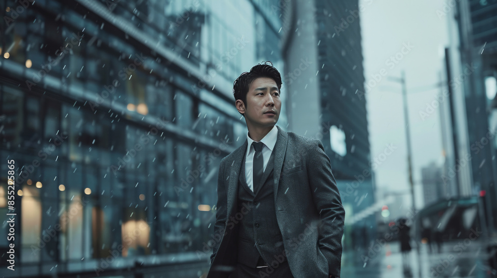 Half-Length Portrait of Korean Man in Stylish Business Attire on Rainy Street
Half-Length Portrait of Korean Man in Stylish Business Attire on Rainy Street