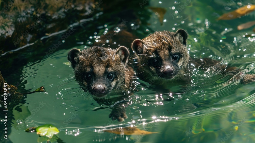 Fototapeta premium Two Curious Civet Kittens Swimming in a Pond