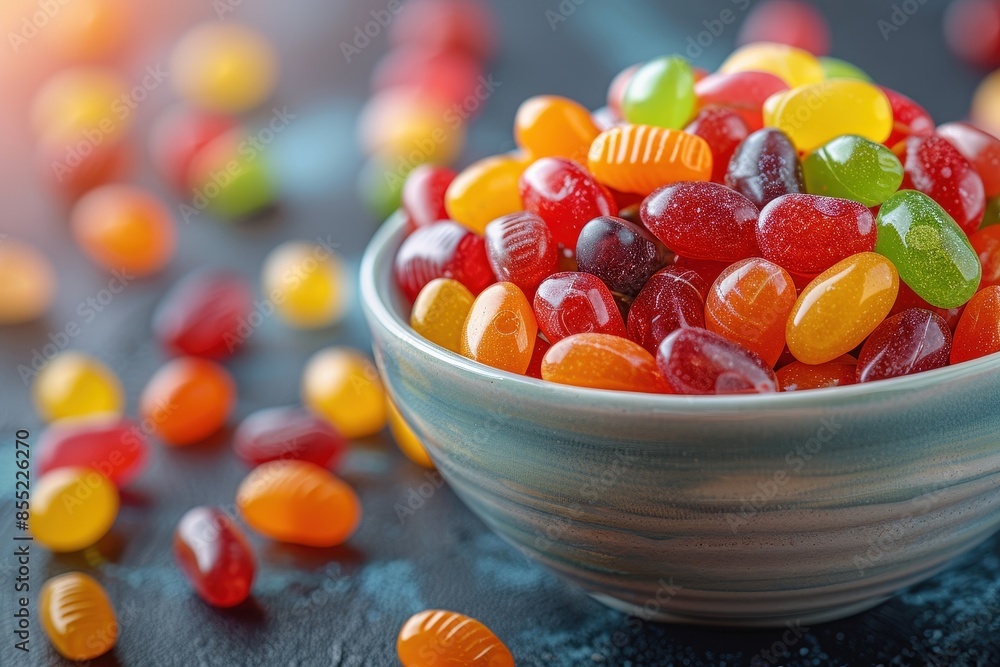 A bowl overflowing with assorted jelly beans in various bright colors, with a soft focus background. A bowl overflowing with assorted jelly beans in various bright colors, with a soft focus background.