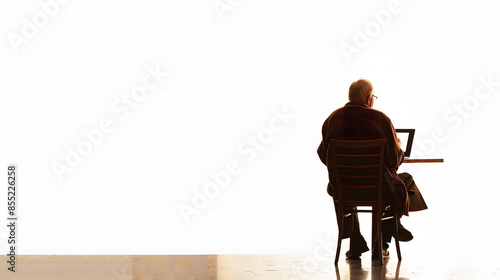 relaxed mature man having breakfast at his workplace isolated on white background, cinematic, png photo