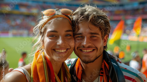 2 german soccer fans looking down at camera, couple, wearing german scarf and jersey,generative ai
