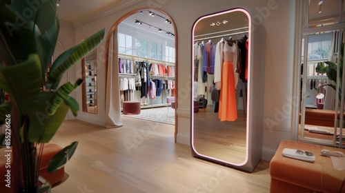 A modern boutique interior featuring a smart mirror, displaying clothing options. The room is bright and inviting.