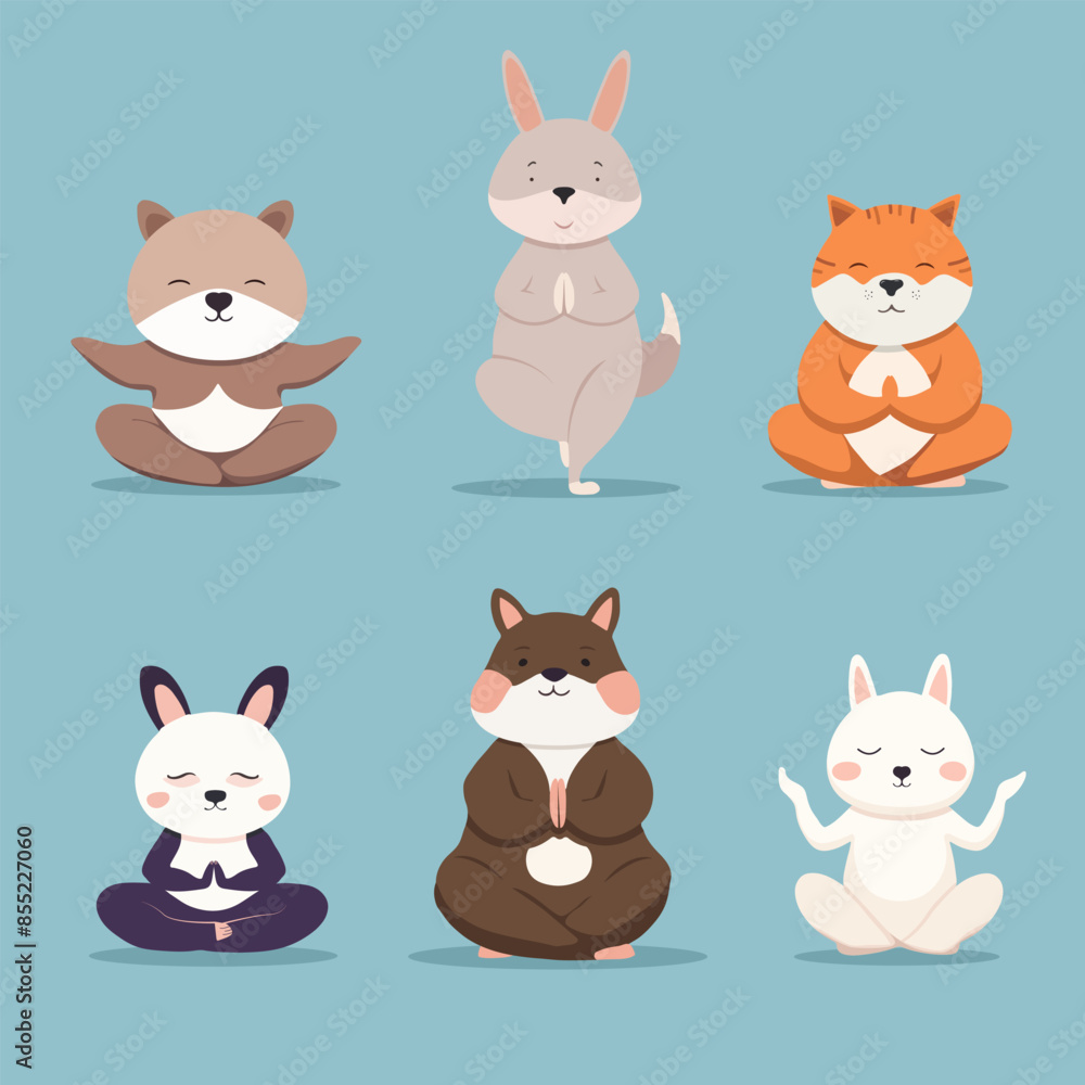 Set of meditating animals. Cute cartoon animals practice yoga. Vrikshasana, tree pose, namaste asanas. Yoga animals for stickers, design, printing. Set of meditating animals. Cute cartoon animals practice yoga. Vrikshasana, tree pose, namaste asanas. Yoga animals for stickers, design, printing.
