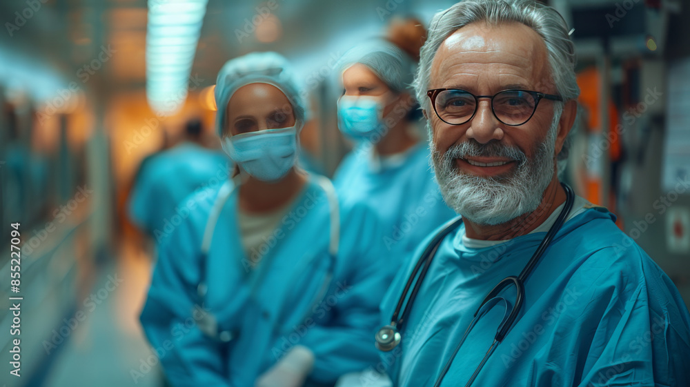 friendly orderlies dressed in blue medical clothes are pushing a stretcher with a smiling middle aged patient in a hospital.generative ai friendly orderlies dressed in blue medical clothes are pushing a stretcher with a smiling middle aged patient in a hospital.generative ai