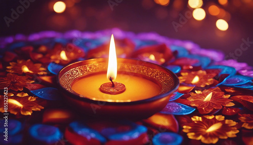 Happy Diwali or clay lamp on color background © Foyez Ullah